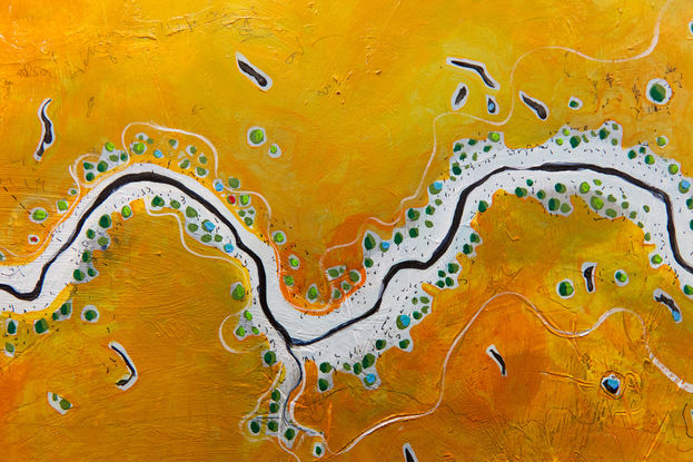 Earthy aerial abstract landscape overlooking the Australian outback.
River meandering through the centre.
