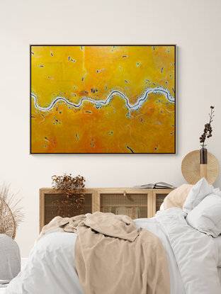 Earthy aerial abstract landscape overlooking the Australian outback.
River meandering through the centre.
