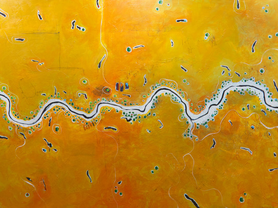 Earthy aerial abstract landscape overlooking the Australian outback.
River meandering through the centre.
