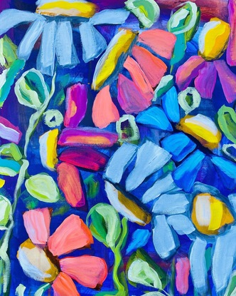 A garden of flowers painted in an abstract expressionism loose style in bright and happy colours.