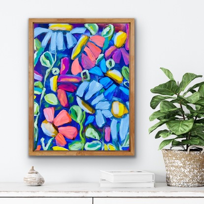 A garden of flowers painted in an abstract expressionism loose style in bright and happy colours.