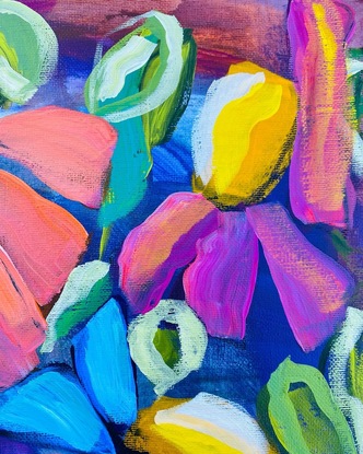 A garden of flowers painted in an abstract expressionism loose style in bright and happy colours.