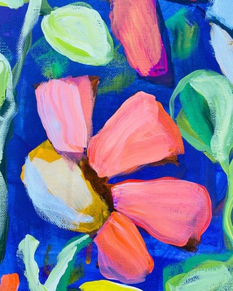 A garden of flowers painted in an abstract expressionism loose style in bright and happy colours.