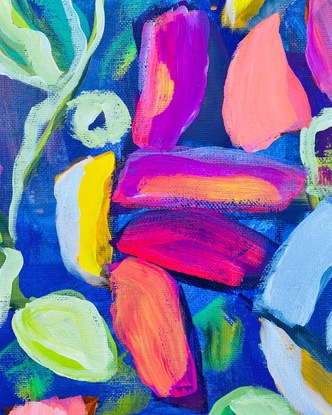 A garden of flowers painted in an abstract expressionism loose style in bright and happy colours.