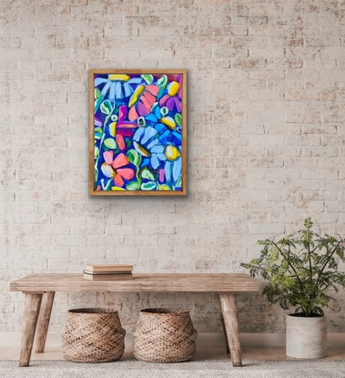 A garden of flowers painted in an abstract expressionism loose style in bright and happy colours.