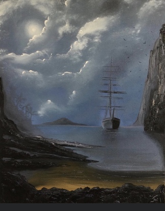 Seascape, beach front rocky point with plant and trees Tall Ship and Misty Bird Island.  Oil painting on 40 x 50 cm canvas.  I always wanted to paint a tall ship on a mysterious island...