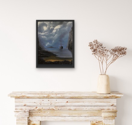 Seascape, beach front rocky point with plant and trees Tall Ship and Misty Bird Island.  Oil painting on 40 x 50 cm canvas.  I always wanted to paint a tall ship on a mysterious island...