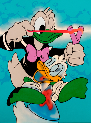 Donald Duck's alter ego with a slingshot sitting on his shoulders