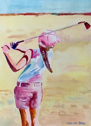 Woman playing golf in the sunshine.