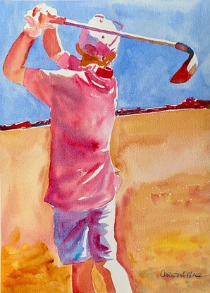 Man playing golf in the sunshine.