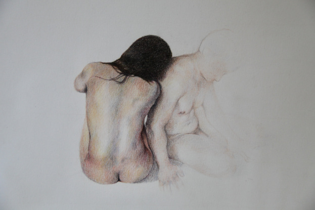 a woman leaning on her head on her lover's back who is fading away.