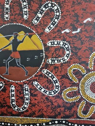 this painting is pretty straight forward, you can see the hunters looking for kangaroos the circles with u shapes are the hunters gathering together for the hunt