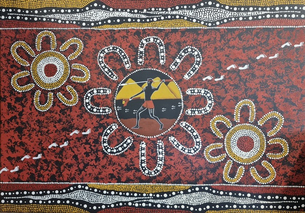 this painting is pretty straight forward, you can see the hunters looking for kangaroos the circles with u shapes are the hunters gathering together for the hunt