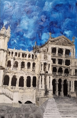 Portrait orientation impression of Italian renaissance style building surrounded by deep blue sky.