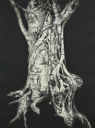 a print of two entwined trees.