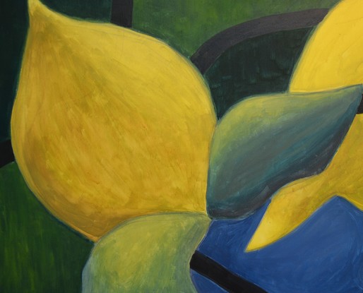 Amorphous shapes in yellow, blue and green on a green background.