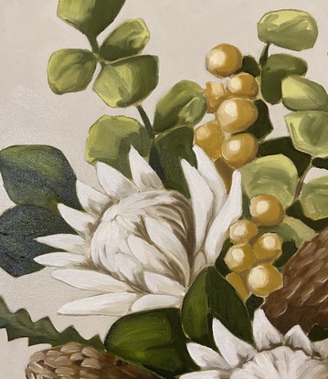 White king proteas and Australian natives on a neutral background.