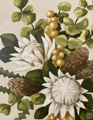 White king proteas and Australian natives on a neutral background.