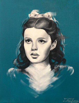 Black and white portrait of actress Judy Garland. Turquoise background with expressive brushstrokes around the figure. 