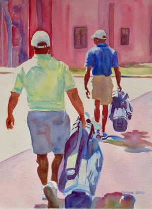 Men carrying golf bags in the sunshine.