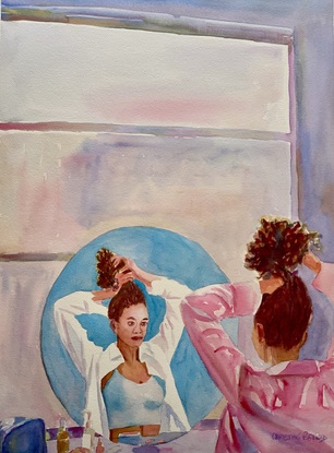 Woman gets ready in the mirror.