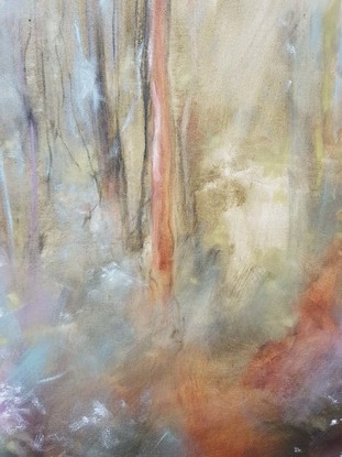 Soft minimal impressionist landscape with olive green, ochre, blue-green and mauve. Sapling forest undergrowth in warm tones by Australian artist Victoria Collins.