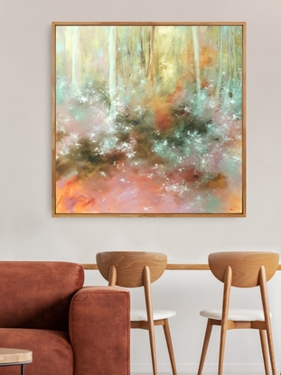 Soft minimal impressionist landscape with olive green, ochre, blue-green and mauve. Sapling forest undergrowth in warm tones by Australian artist Victoria Collins.