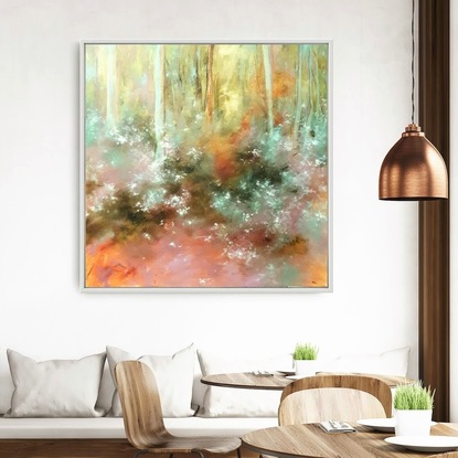 Soft minimal impressionist landscape with olive green, ochre, blue-green and mauve. Sapling forest undergrowth in warm tones by Australian artist Victoria Collins.