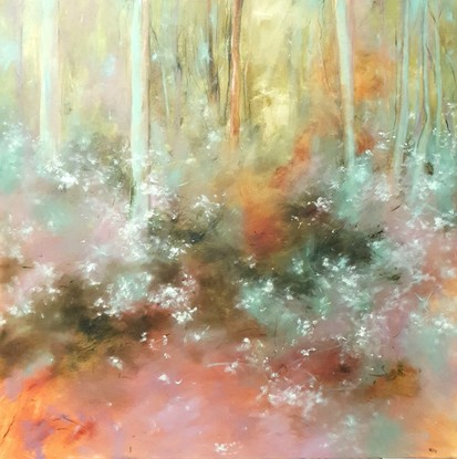 Soft minimal impressionist landscape with olive green, ochre, blue-green and mauve. Sapling forest undergrowth in warm tones by Australian artist Victoria Collins.