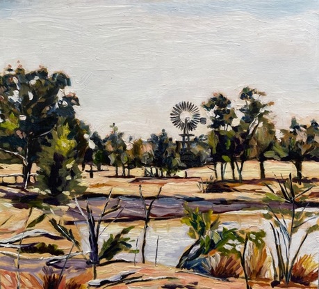 a dry Australian country scene showing hints of promise with a water billabong and green trees admidst the pink and beige landscape. A lone windmill from a water well can be seen in the distance. Painted with relaxed short brushstrokes, avoiding too much detail, and letting the colours and shadows speak for themselves. 