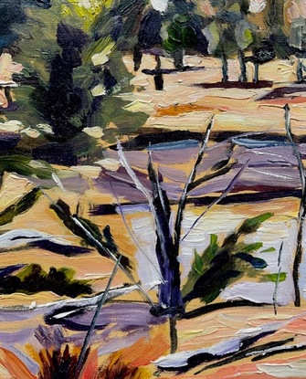 a dry Australian country scene showing hints of promise with a water billabong and green trees admidst the pink and beige landscape. A lone windmill from a water well can be seen in the distance. Painted with relaxed short brushstrokes, avoiding too much detail, and letting the colours and shadows speak for themselves. 