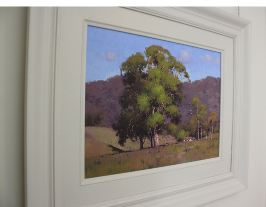 A rural scene with a large gum and distant farmhouse.