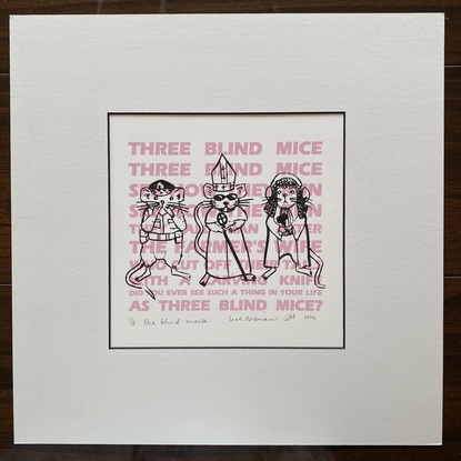 A line drawing of three mice over the text from Three Blind Mice. In the image one mouse is blind, one is deaf and one is mute.