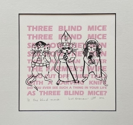 A line drawing of three mice over the text from Three Blind Mice. In the image one mouse is blind, one is deaf and one is mute.