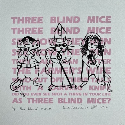 A line drawing of three mice over the text from Three Blind Mice. In the image one mouse is blind, one is deaf and one is mute.