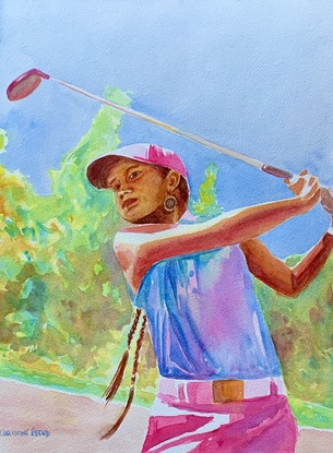 Woman golfer tees off into the sunshine.