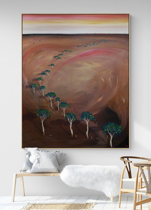 Rich and earthy tones of the Australian outback with trees meandering through the centre and is framed and ready to hang.