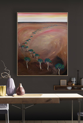 Rich and earthy tones of the Australian outback with trees meandering through the centre and is framed and ready to hang.