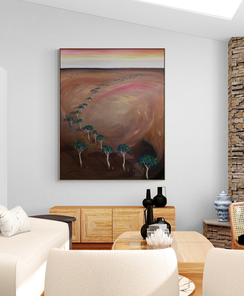 Rich and earthy tones of the Australian outback with trees meandering through the centre and is framed and ready to hang.