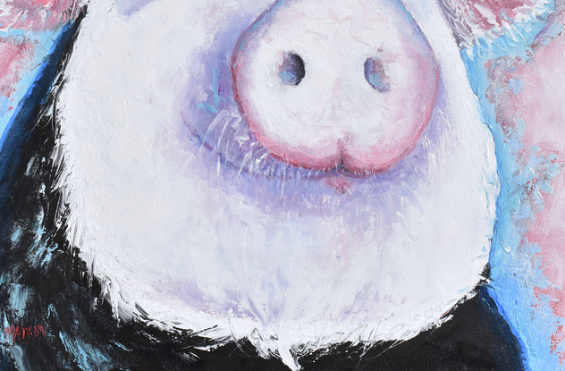 An impressionist  painting portrait of a happy pink and black pig.