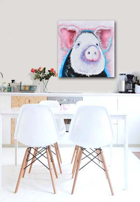 An impressionist  painting portrait of a happy pink and black pig.