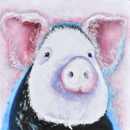 An impressionist  painting portrait of a happy pink and black pig.