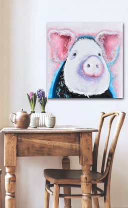 An impressionist  painting portrait of a happy pink and black pig.