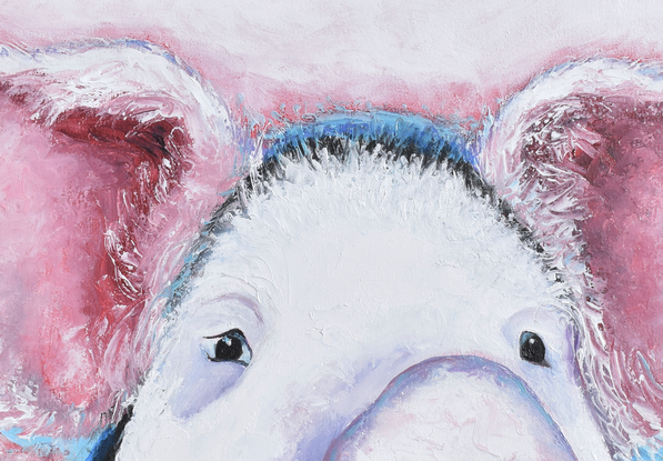 An impressionist  painting portrait of a happy pink and black pig.