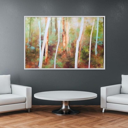 Impressionistic bush interior landscape painting in oil by Victoria Collins featuring white eucalypt saplings and tone on tone greens. 