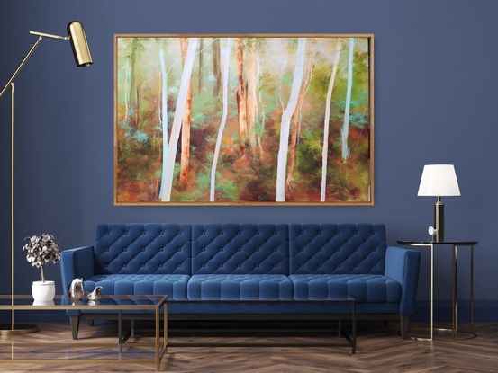 Impressionistic bush interior landscape painting in oil by Victoria Collins featuring white eucalypt saplings and tone on tone greens. 