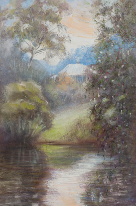 Country scene with river, house  and water reflections.