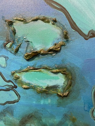 The work is an aerial view of the reef incorporating raised element to bring the painting to life.  It's as though you can reach out and touch the reef.