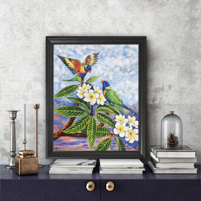 Rainbow lorikeets and Frangipani original painting by Irina Redine. Framed and ready to hang original artwork.