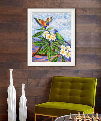 Rainbow lorikeets and Frangipani original painting by Irina Redine. Framed and ready to hang original artwork.